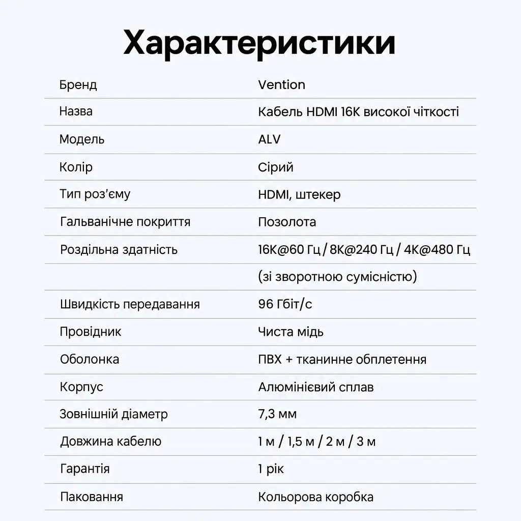 Кабель HDMI Vention ALVHH 2.2 16K 60 Гц 2 м сірий (ALVHH) - фото 5