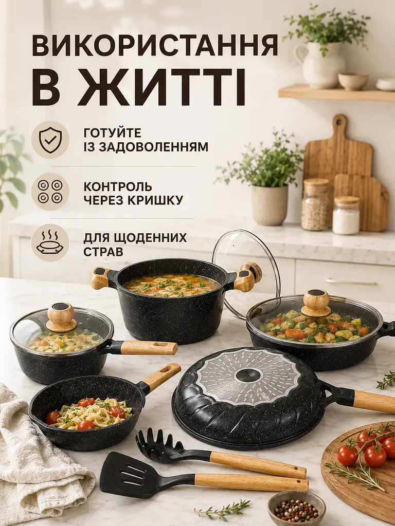 Набір каструль і сковорідок 10 предметів із литого алюмінію для всіх плит, розміри 18–28 см, чорний мармур (49676281) - фото 4