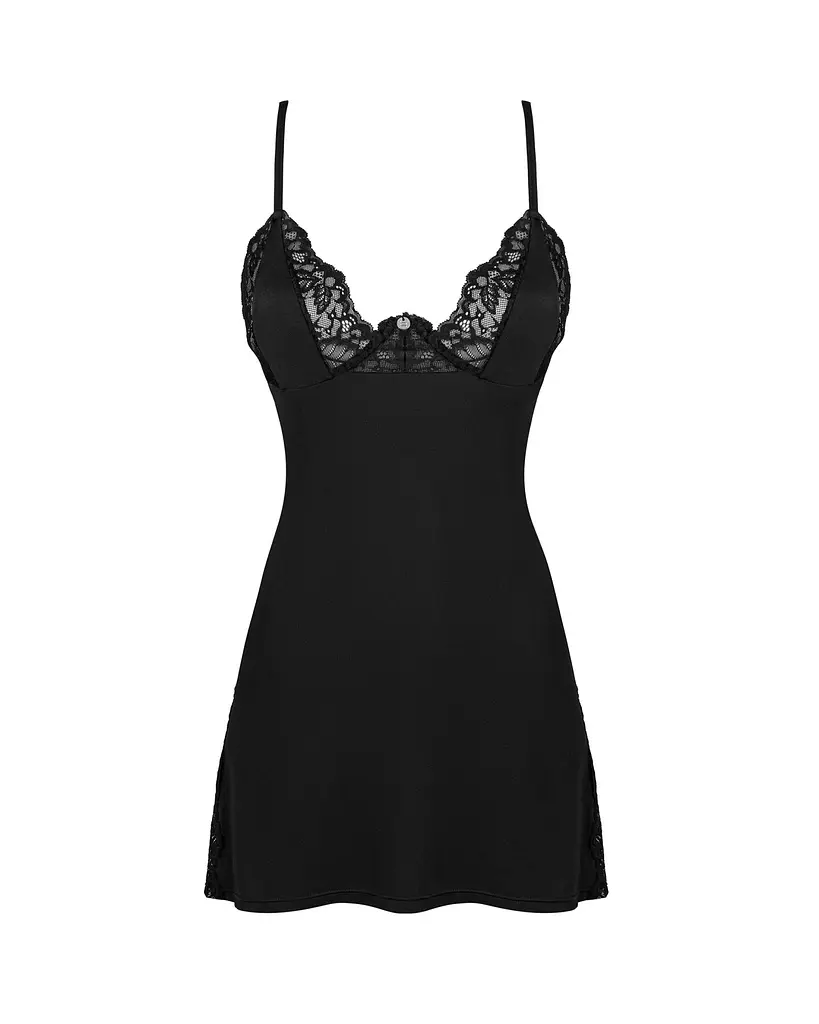 Сорочка Obsessive Bellastia chemise & thong, M/L, непрозора, фігурне декольте, стрінги в наборі - фото 3