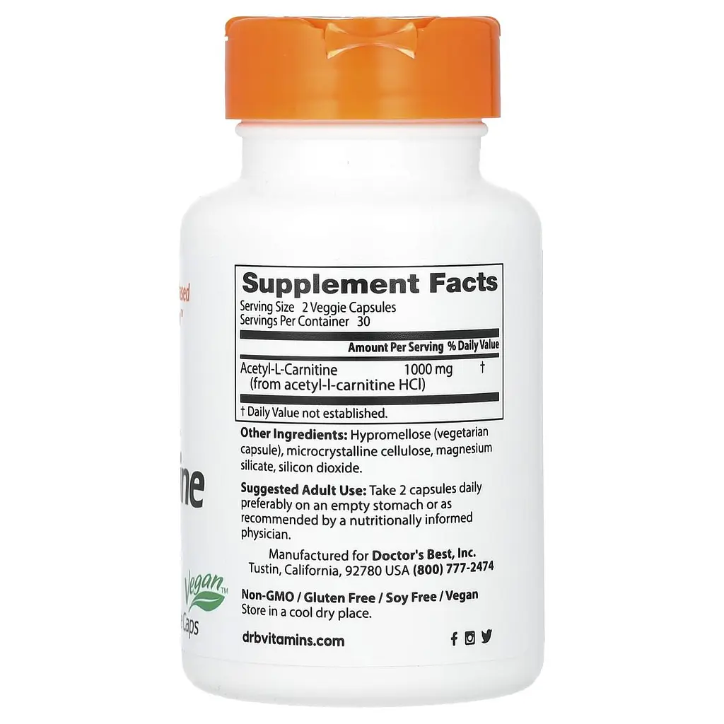 Ацетил карнітин Doctor's Best Acetyl-L-Carnitine 1000 мг 60 вег капс - фото 2