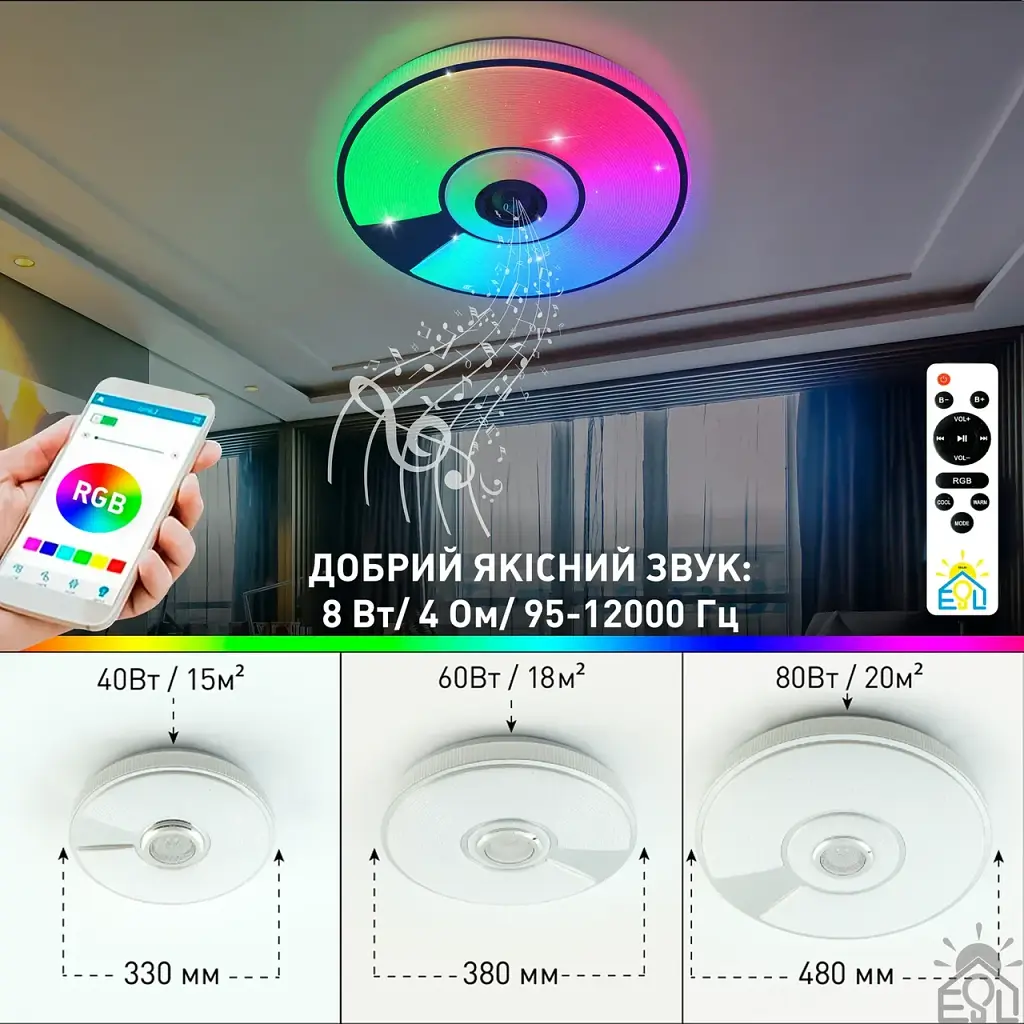 Смарт люстра музична керована світлодіодна SONG R RGB 80 Вт 480x75 мм Біла ESLLSE - фото 7