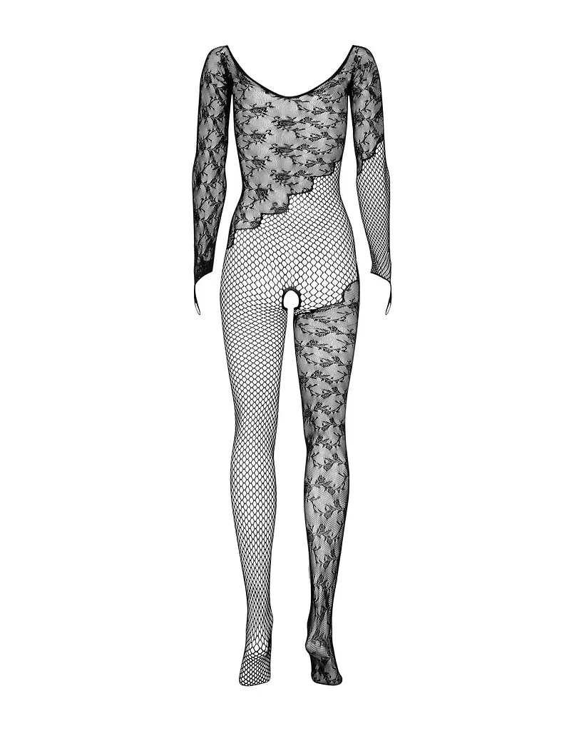 Бодістокінг Obsessive Bodystocking F210 S/M/L black, рукава-мітенки, сітка, кольорове мереживо