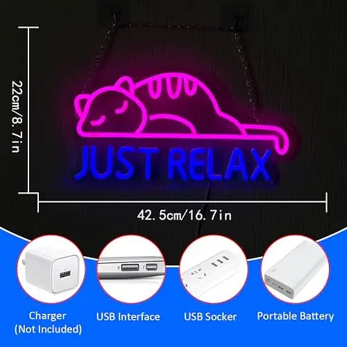 Неоновые вывески Cat Led Neon Sign Just Relax Words Розовая синяя светодиодная вывеска Cat-розовый синий - фото 2