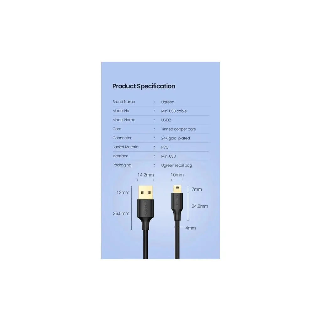Дата кабель USB 2.0 AM to Mini 5P 1.0m US132 black Ugreen (10355) - фото 9