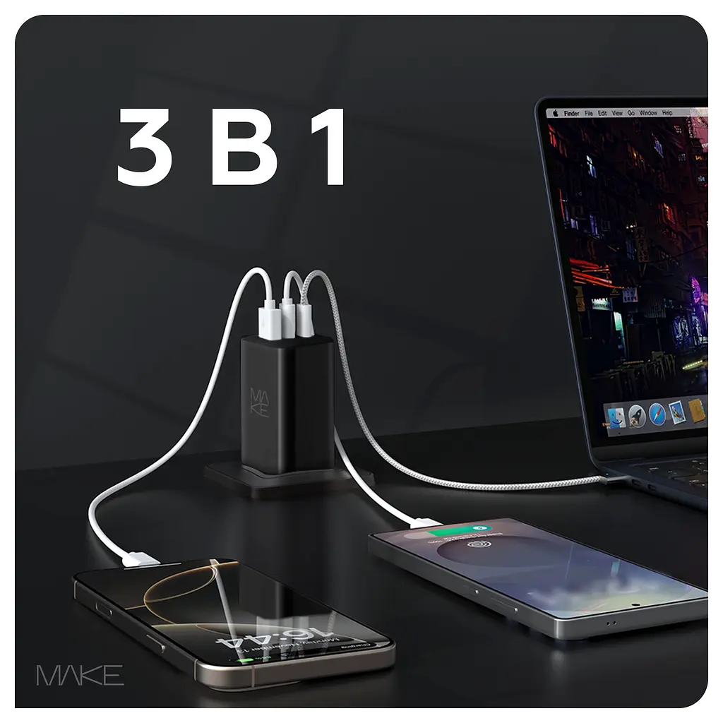 Зарядний пристрій мережевий MAKE 100W GaN3 2xType-C PD3.0 + USB QC4.0 Black - фото 2