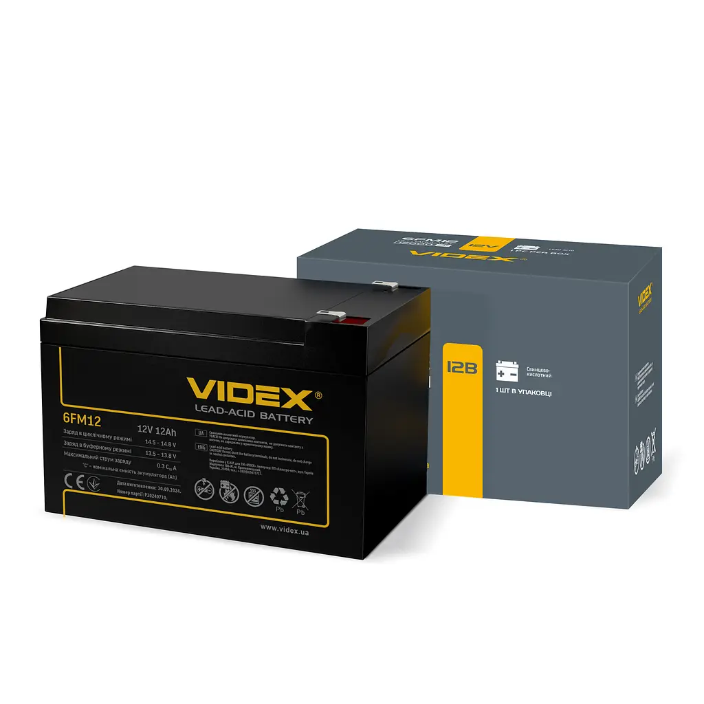 Акумулятор свинцево-кислотний Videx 6FM12 12V/12Ah color box 1 VIDEX (25078-000)