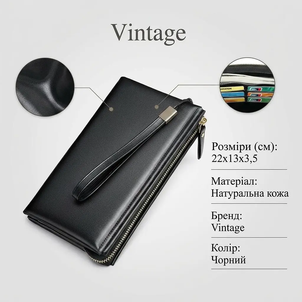 Чоловіча барсетка на зап'ясті зі шкіри 20237 Vintage чорний - фото 3