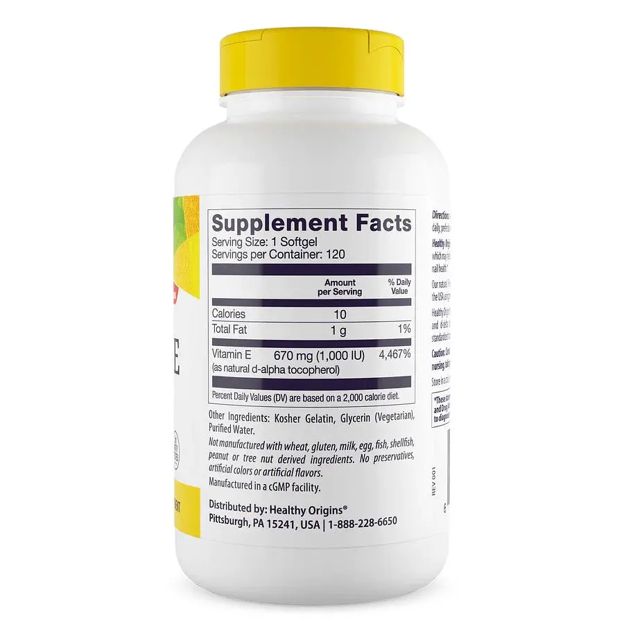 Вітамін E Healthy Origins Vitamin E 1000 IU, 120 капсул для підтримки шкіри, волосся та нігтів - фото 2