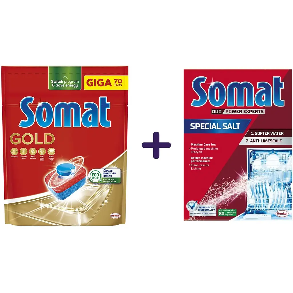 Набор: Таблетки для посудомоечной машины Somat Gold 70 шт. + Подарок. Соль для посудомоечных машин Somat Тройное действие 1.5 кг - фото 2