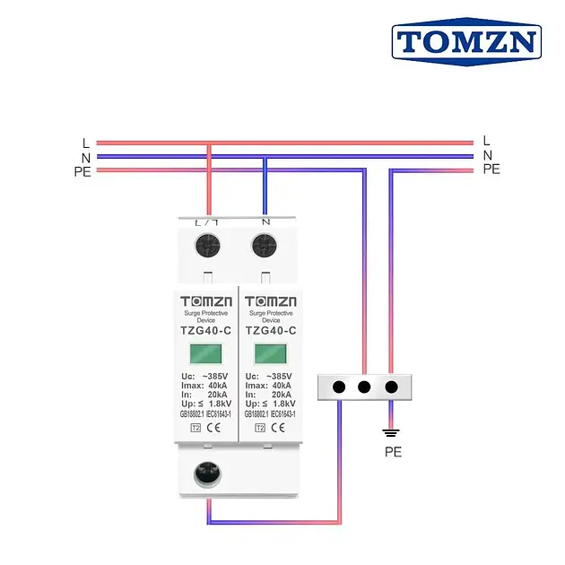Пристрій захисту від імпульсних перенапруг AC TOMZN TZG40-C 2P 20–40kA 275V обмежувач перенапруги 2х полюсний (19638) - фото 4