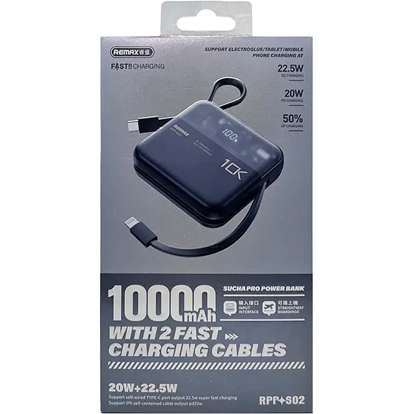 Павербанк Remax RPP-602 / 10000 мАг / до 22.5 Вт / USB-A, USB-C, Lightning / PD + QC / З кабелем / Чорний - фото 7