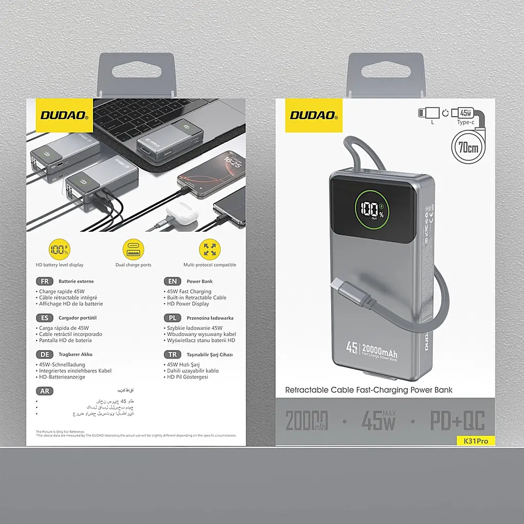 Універсальна мобільна батарея Dudao 20000mAh K31 Pro 45W PD,QC USB-A,USB-C In/Out,with built-in USB-C/Lightning cables Сірий - фото 2