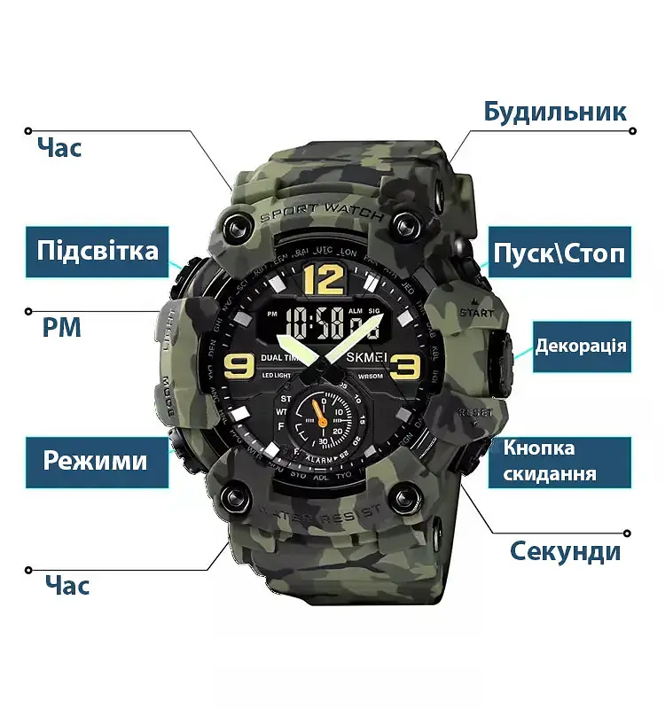 Чоловічий спортивний наручний годинник Skmei 1637 водонепроникні (Камуфляжні) - фото 6