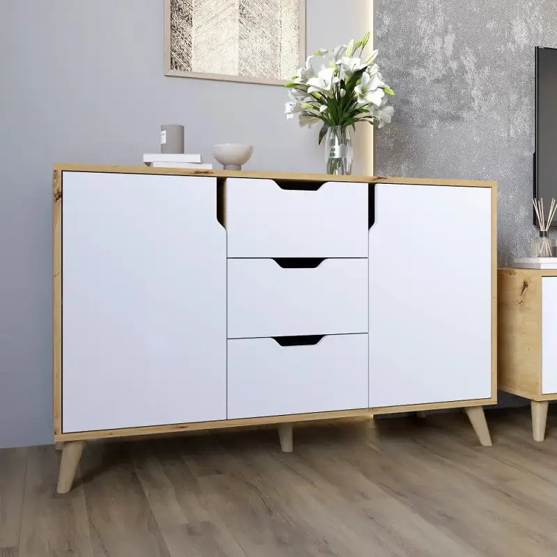 Комплект меблів для вітальні М-ЗОН Борн Дуб Артизан/Німфея Альба (білий) 5 предметів з ніжками кольору світлий горіх (MZN-031070) - фото 9