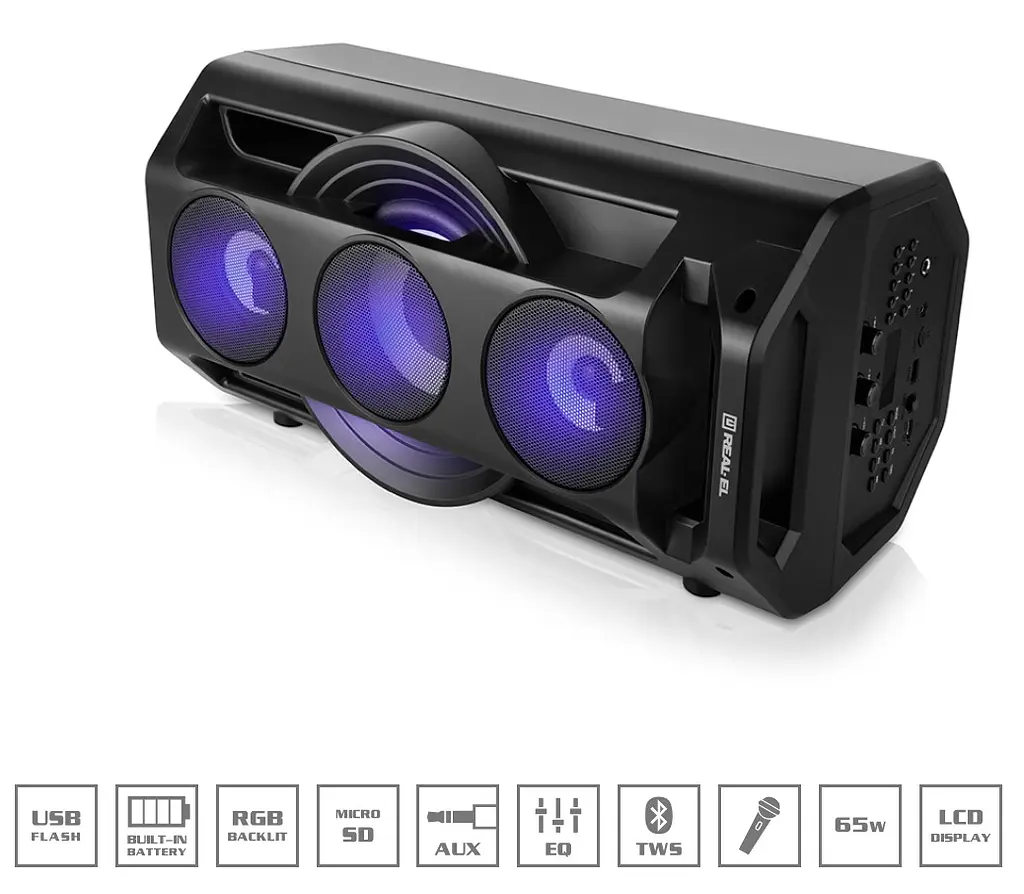 Портативна колонка бумбокс REAL-EL X777-PSS Boombox 65W Bluetooth TWS, RGB, Black - фото 2