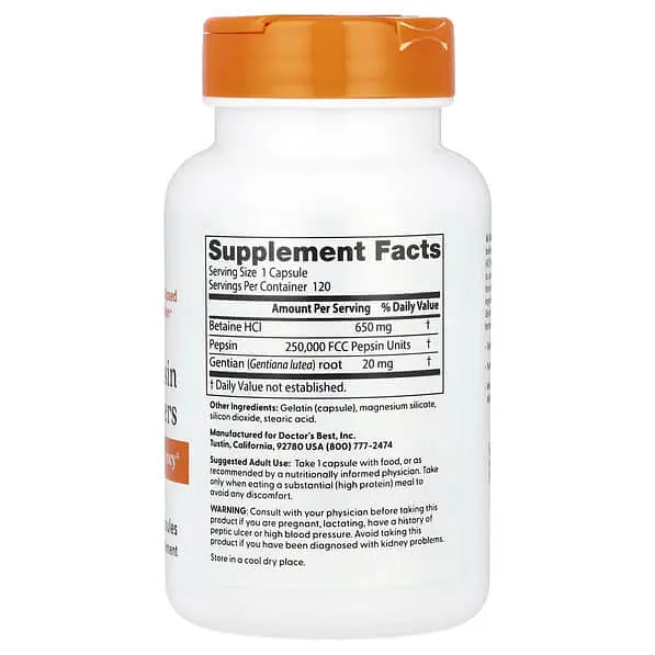 Бетаїн Betaine HCL Pepsin & Gentian Bitters 120 Capsules Doctor's Best vit0006495 - фото 2