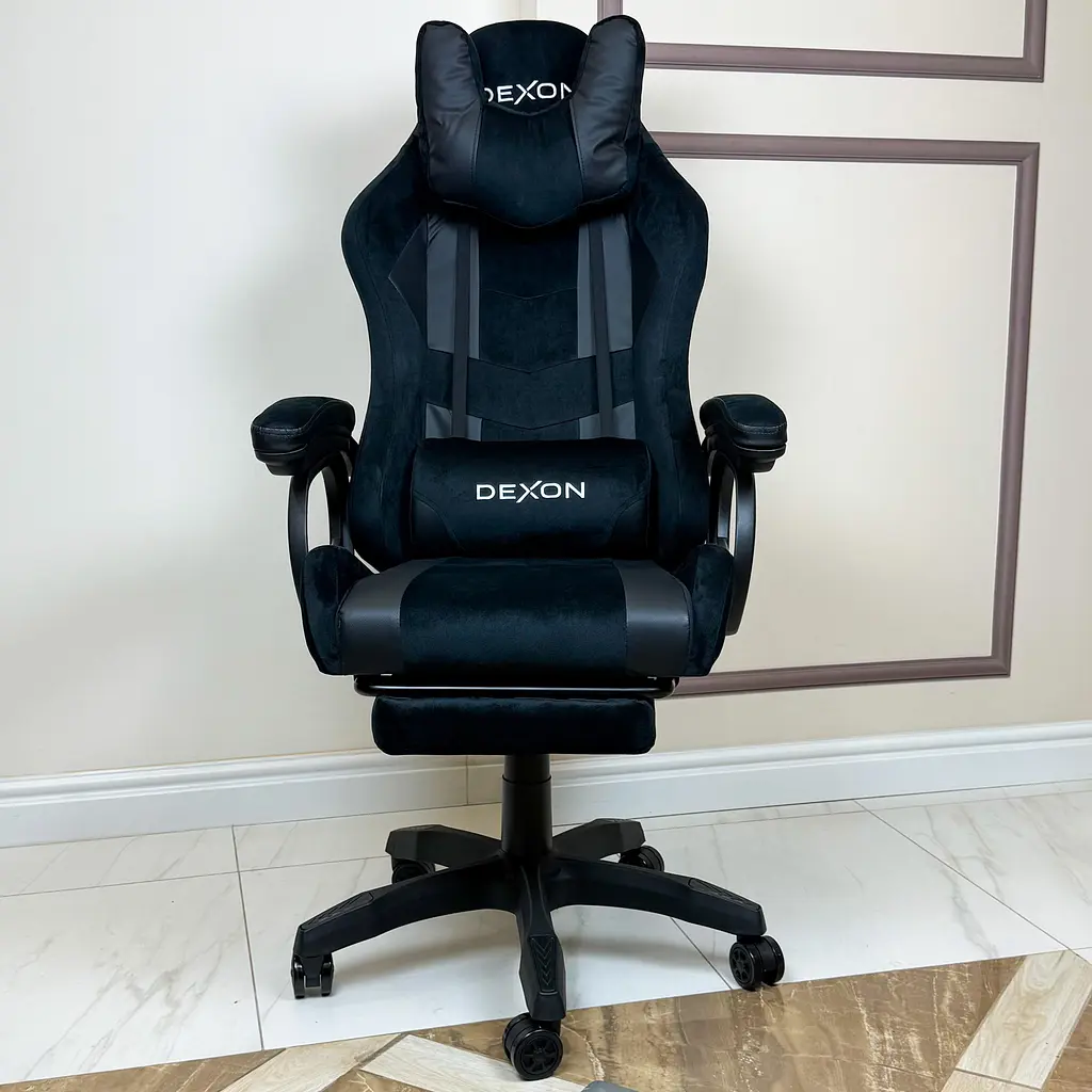 Геймерське крісло DEXON VECTOR з підставкою для ніг, велюр+екошкіра, Чорний-Чорний - фото 3