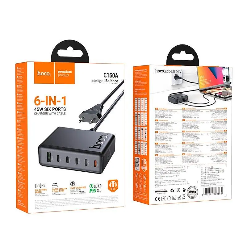 Адаптер мережевий HOCO Modern PD 6-port desktop charger C150A |1USB/5Type-C, 45W/3A, PD/QC| - фото 2