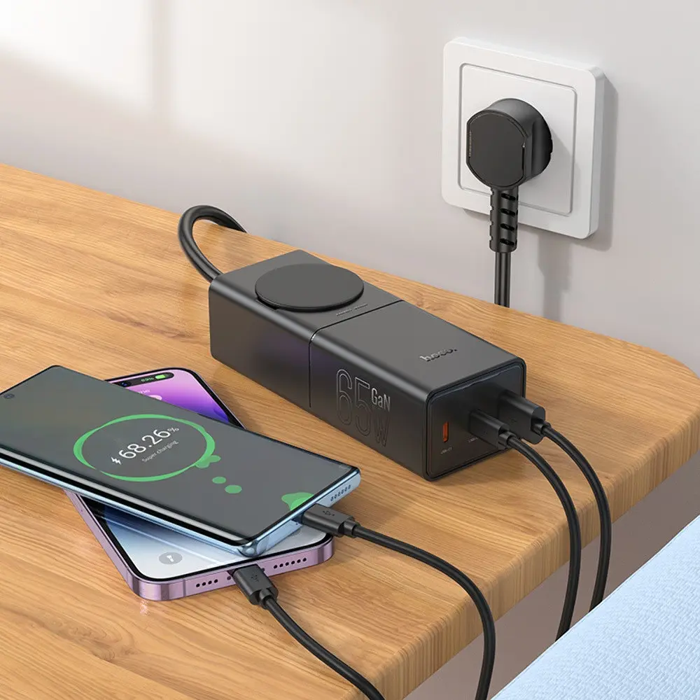 Мережевий зарядний пристрій подовжувач Hoco NS4 USB/2 Type-C PD 65W чорний - фото 2