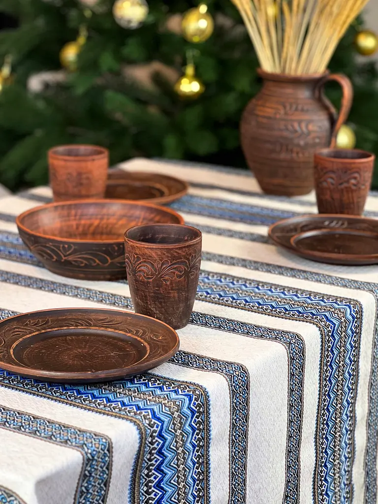 Лляна скатертина різдвяна з українським орнаментом "Рандеву синій" - 180х150 см - фото 3