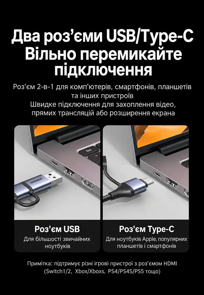 Карта захоплення відео й звуку для трансляцій і запису UGREEN UG307 HDMI-вхід і USB 3.0 вихід до хоста через USB-A або USB-C Режими 4K 60 Гц 2K 60 Гц та 1080p 240 Гц Для заявлених частот дисплей має підтримувати відповідний режим Сумісна з Linux і системами Windows та macOS Працює без встановлення драйверів Вбудований кабель завдовжки 12 см Алюмінієвий корпус відводить тепло Формат PCM 2.0 Космічний сірий (95348) - фото 5