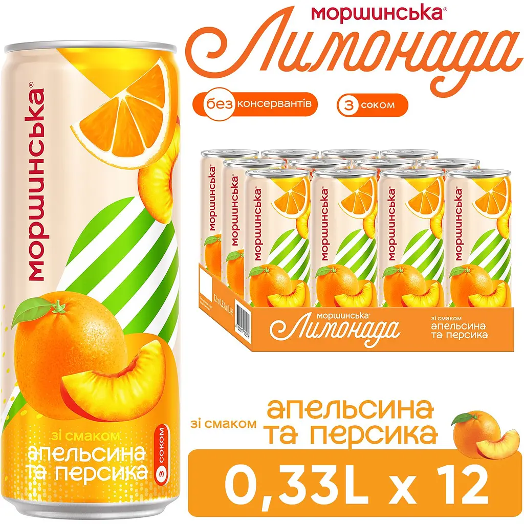 Упаковка напою Моршинська Лимонада Апельсин-Персик середньогазований 3.96 л (0.33 л x 12 шт.) - фото 6