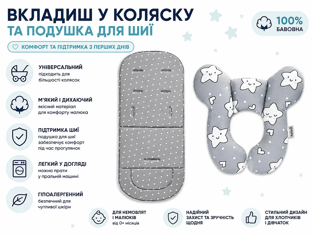 Вкладиш у коляску та подушка для шиї малюка - універсальний матрацик для дитячої коляски - м'який вкладиш із подушкою - фото 3