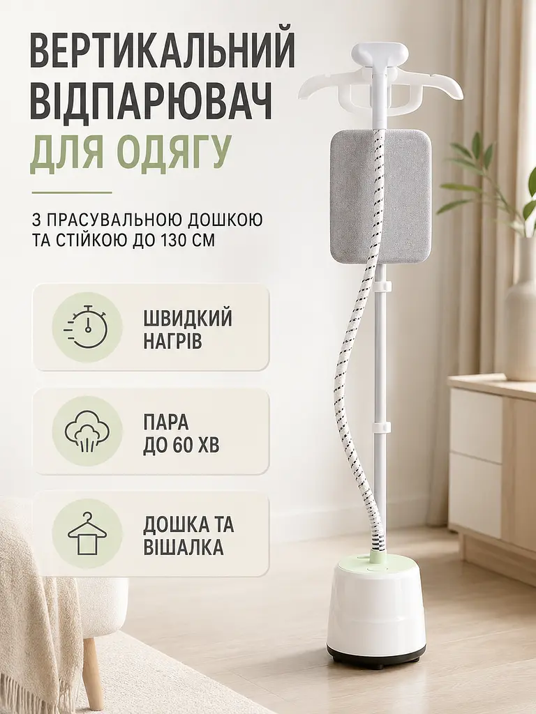 Вертикальний відпарювач для одягу з прасувальною дошкою корпус 40,5×27,5×32 см, стійка до 130 см, білий (49676119) - фото 2