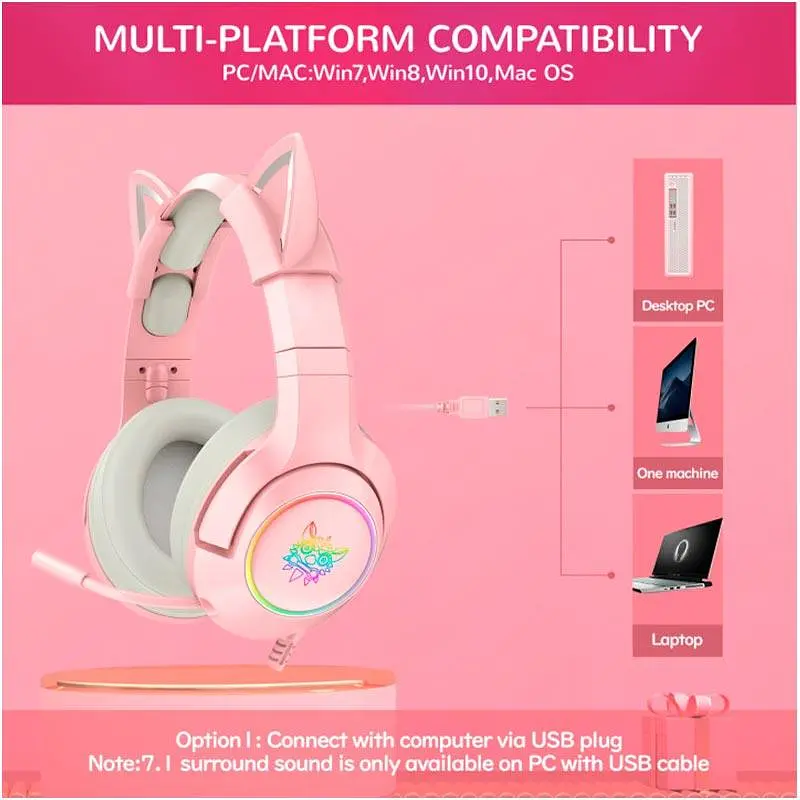 Накладні навушники Onikuma Gaming CAT with LED K9 7.1, USB, 2x3.5mm, 2.2m, pink - фото 6