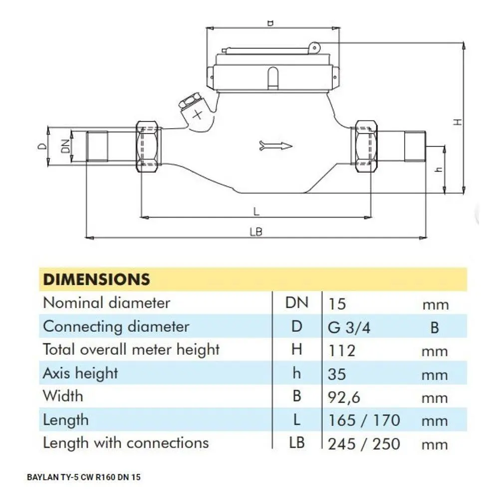 Лічильник холодної води Baylan Мокрохід TY-5 R160 DN15 багатоструменевий 30412 - фото 2