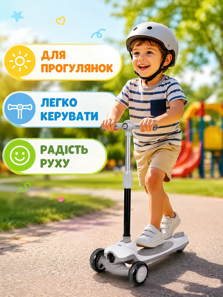 Дитячий самокат триколісний білий з підсвічуванням коліс музикою та регульованим кермом (49675965) - фото 4
