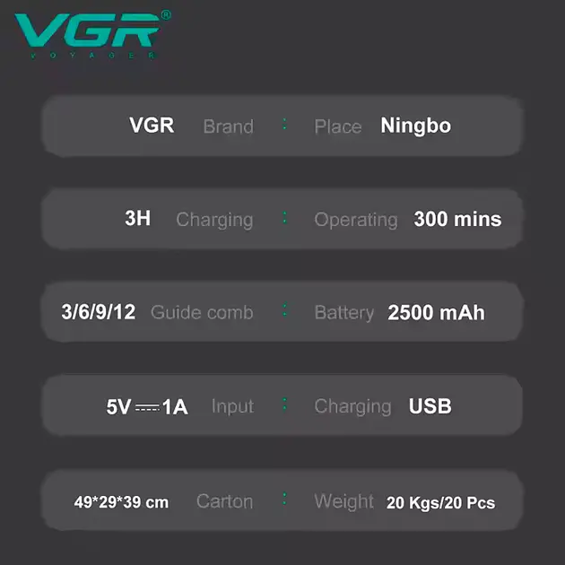 Машинка для стрижки аккумуляторная VGR V-051 2500 mAh LED дисплей (4 насадки) - фото 4
