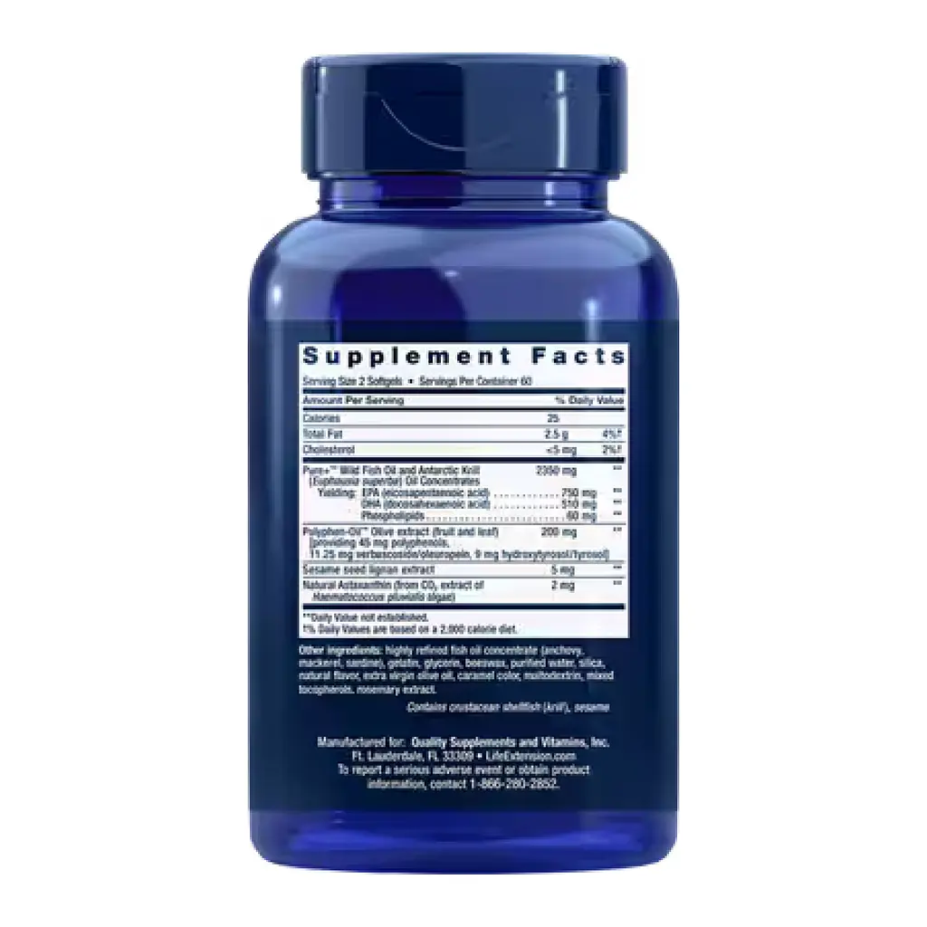Жирні кислоти Life Extension Super Omega-3 Plus EPA/DHA Fish Oil Sesame Lignans Olive Extract Krill Astaxanthin 120 капсул - фото 2