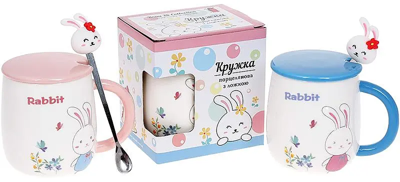 Кружка фарфорова "Rabbit" з кришкою та ложкою Bona Ø8 см kuh0009764 - фото 2