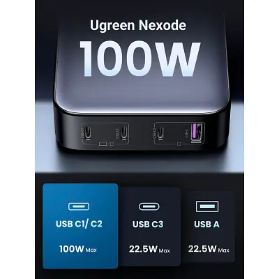 Зарядний пристрій Ugreen GaN серії Nexode CD328, 4xUSB 100 Вт (3xUSB-C + USB-A QC 3.0), чорний (90928) - фото 8