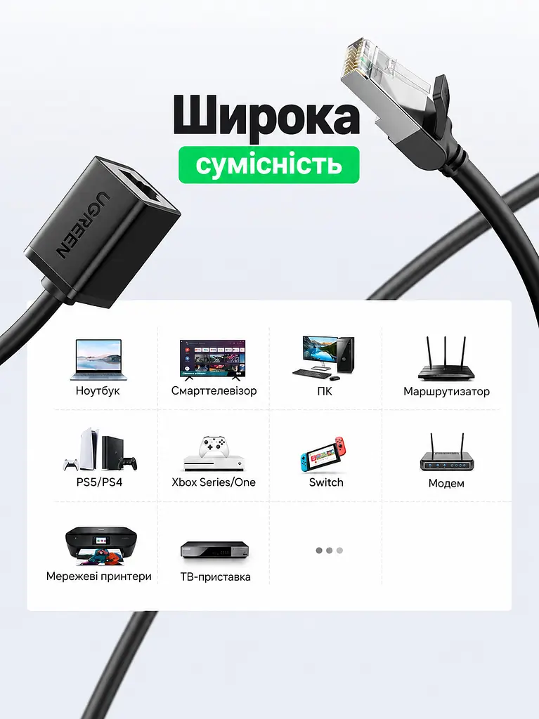 Подовжувач Ethernet UGREEN NW112 0,5 м LAN-кабель від штекера RJ45 до гнізда RJ45 Cat 6 зі швидкістю до 1000 Мбіт/с і смугою пропускання 250 МГц зворотна сумісність із Cat 5 і Cat 5e екранований F/UTP жила з чистої міді 26 AWG RJ45-штекери з металевими елементами підсилення пряме з'єднання за схемою T568B чорний (11278) - фото 6