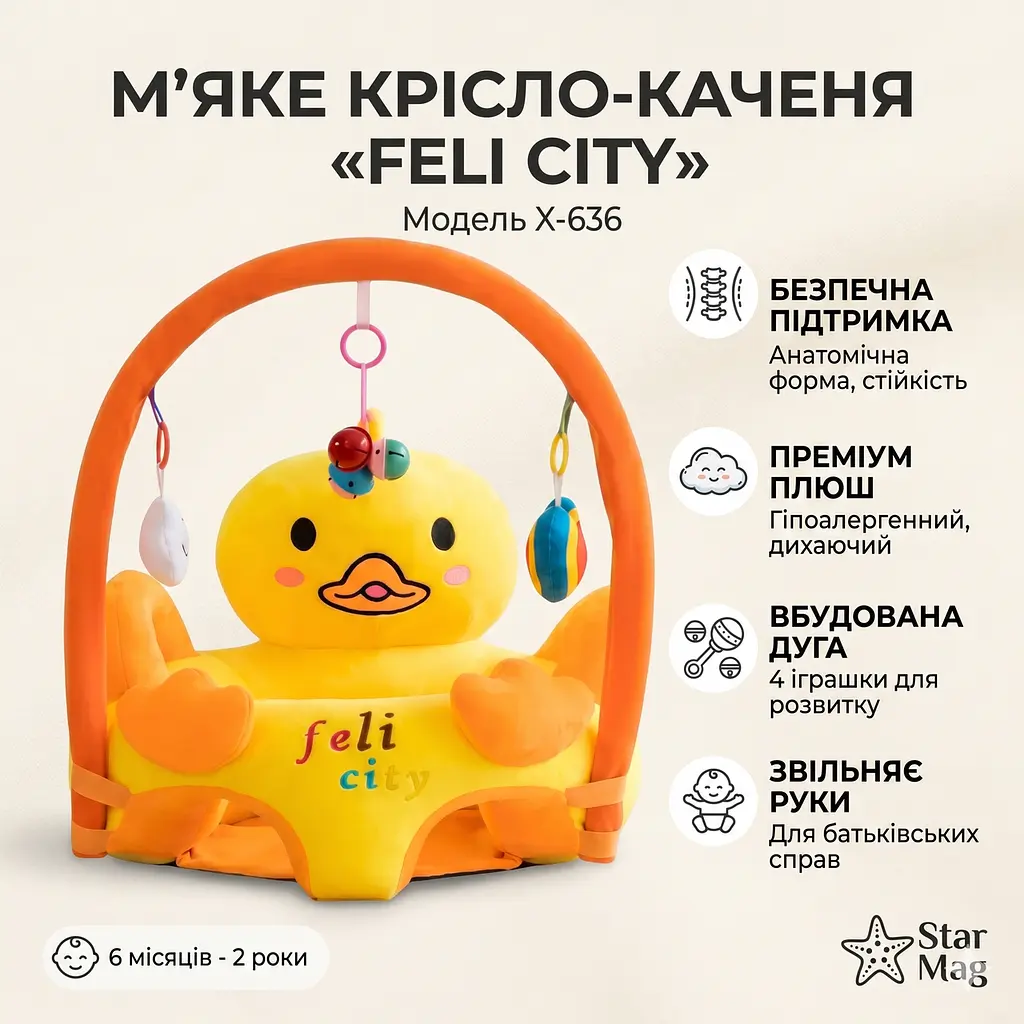 Дитяче плюшеве крісло "Жовте Каченя" X-636, м'яке сидіння для малюків з іграшками - фото 2