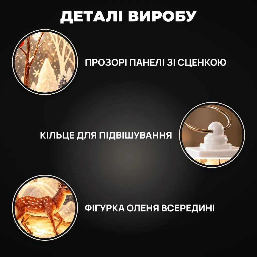 Декоративний ліхтар новорічний LED з оленем, настільний світильник на батарейках - фото 4