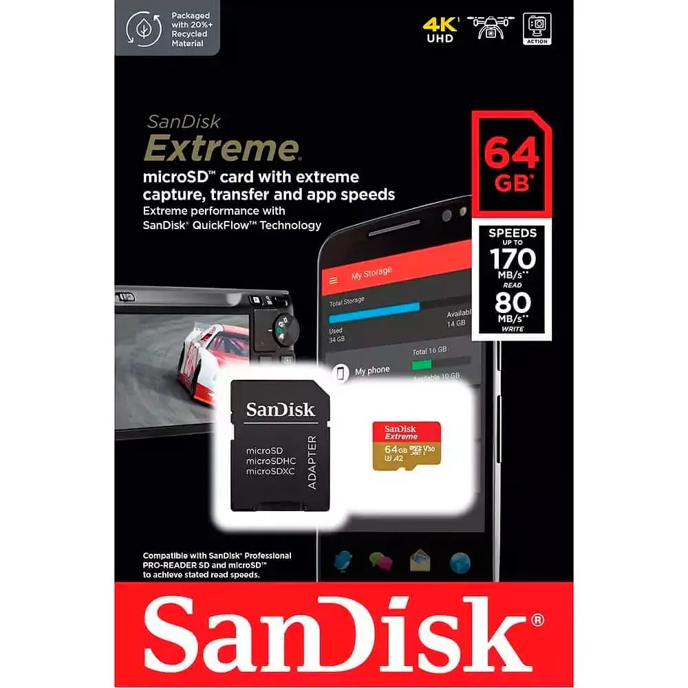 Карта пам'яті Sandisk 64GB microSDXC Extreme for Action Cams and Drones + SD Adapter + 1 year Rescue (SDSQXAH-064G-GN6AA) - фото 4