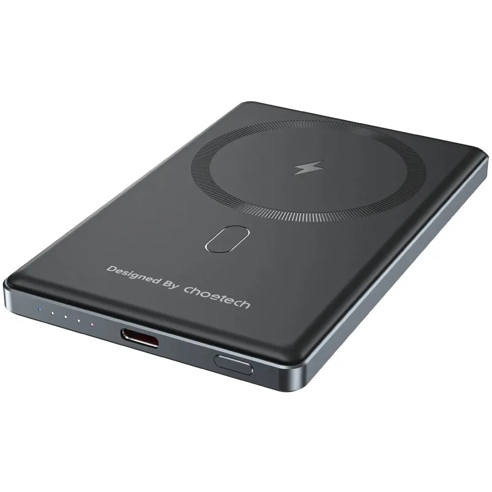 Універсальна мобільна батарея Choetech Magnetic Wireless 5000mAh 20W PD Qi-15W USB-C In/Out, тонкий, чорний - фото 2