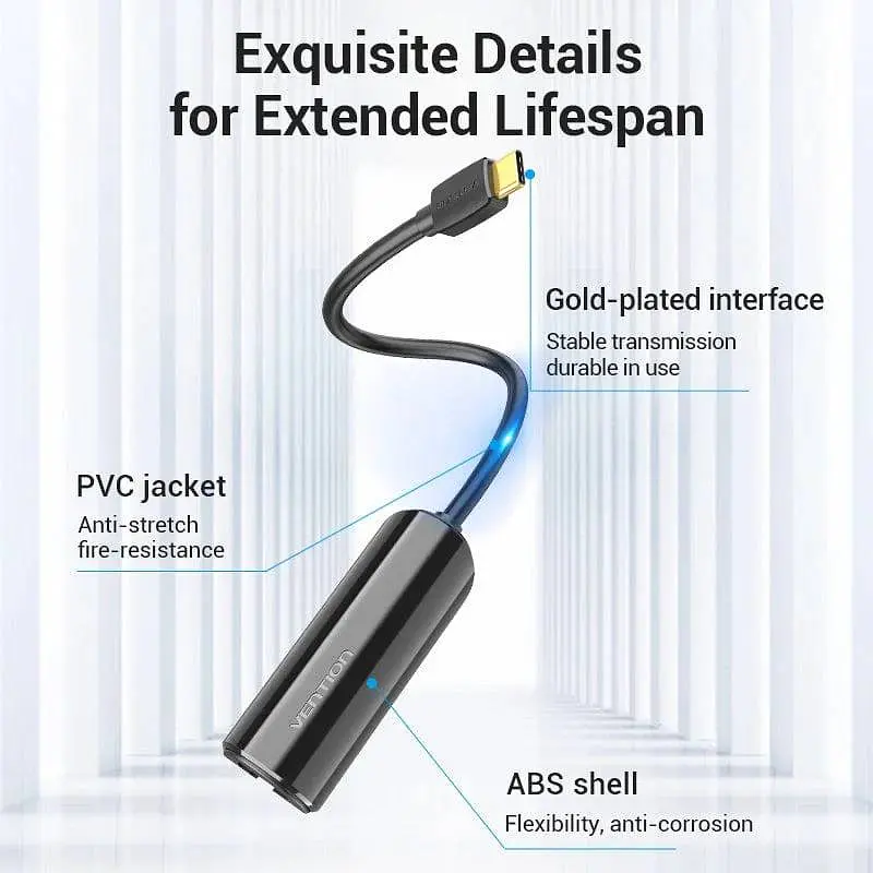 Перехідник Vention USB 3.1 Type-C Ethernet RJ45 1000Mb Gigabit чорний - фото 3