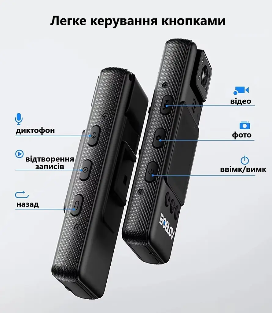 Нагрудна боді-камера Boblov A23 з дисплеєм 1.3 дюйма нічний запис датчик руху акумулятор 2200 мА·год - фото 4
