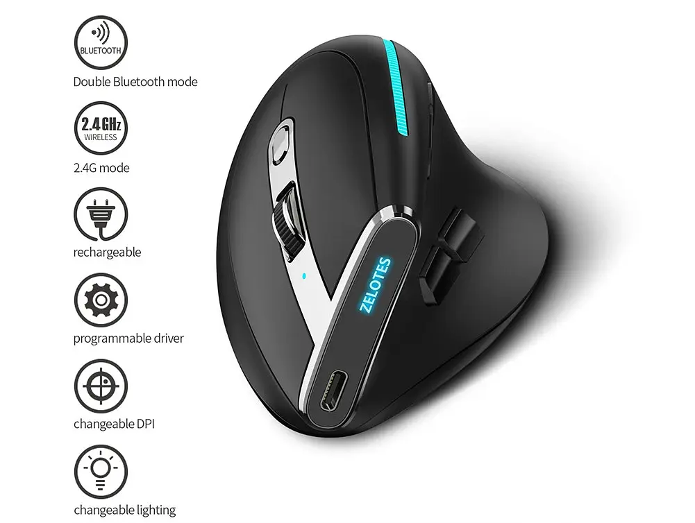 Комп'ютерна миша Zelotes F-36 вертикальна бездротова з акумулятором 2,4G+Bluetooth Black - фото 7