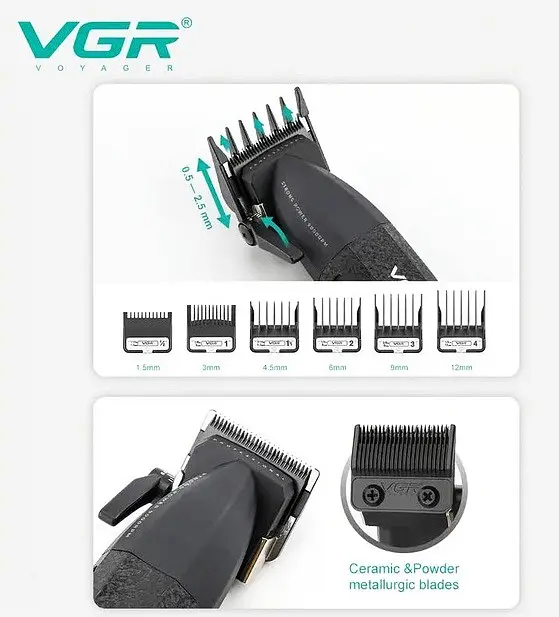 Профессиональная машинка для стрижки VGR V-640C керамическое лезвие 2500 mAh 9000 об/мин дополнительная регулировка высоты среза - фото 3