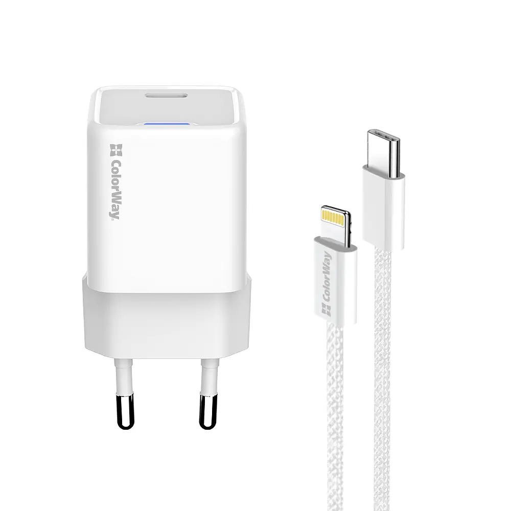 Сетевое зарядное устройство Colorway GaN Mini 20W PD Port PPS USB-C cable Lightning White - фото 2