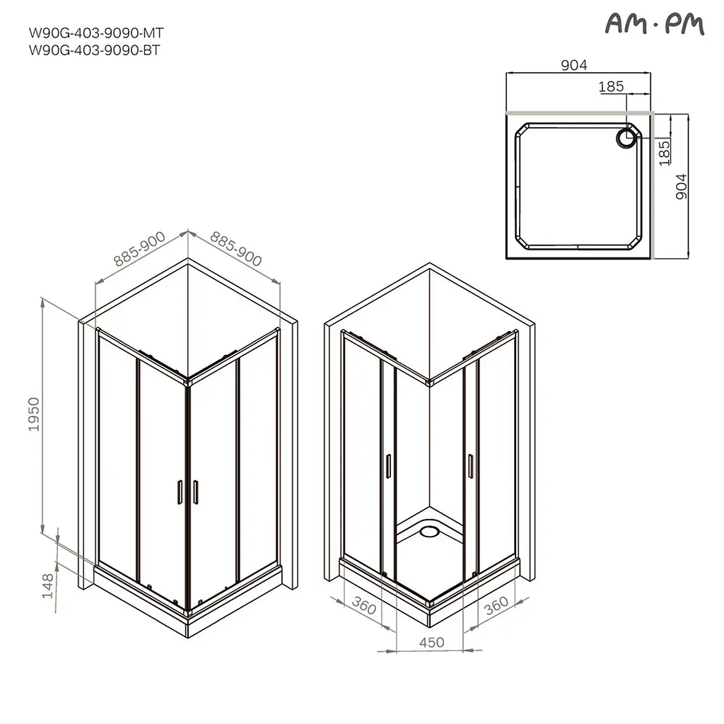 Душове огородження Square Slide AM.PM Gem 90×90 см, без піддону, хром профіль W90UG-403-9090MT - фото 8