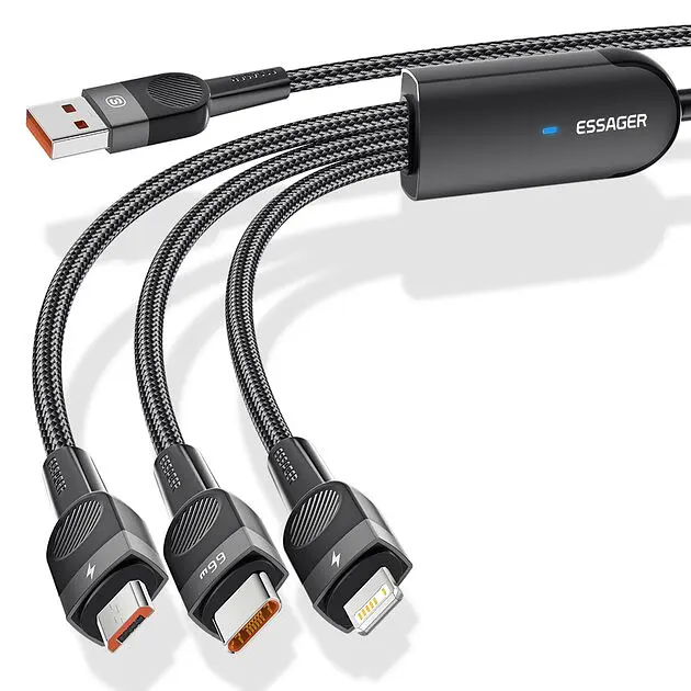 Кабель Essager зарядний 3 в 1 USB 66W Micro + Type C + Lightning 1.2 Black (6975253971800) - фото 2