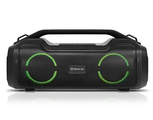 Колонка портативна 2.0 REAL-EL X-747 Black, 2 x 25 Вт, пластиковий корпус, Bluetooth, MicroSD / USB, IPX5, живлення від акумулятора, 2x3600мА * год, керування зверху