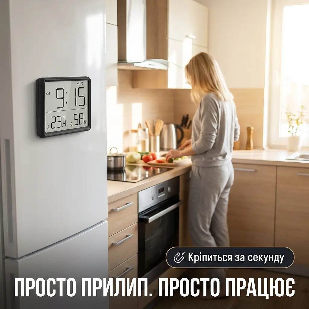Годинник з термометром та гігрометром, цифровий будильник 9×7 см, з магнітним кріпленням, чорний - фото 3