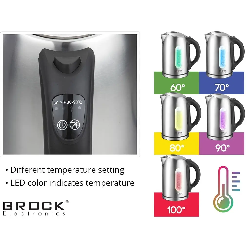 Електрочайник BROCK WK 2302 D 1850-2200Вт/1.7л/встановлення температури нагріву/нерж.сталь (WK2302D) - фото 2